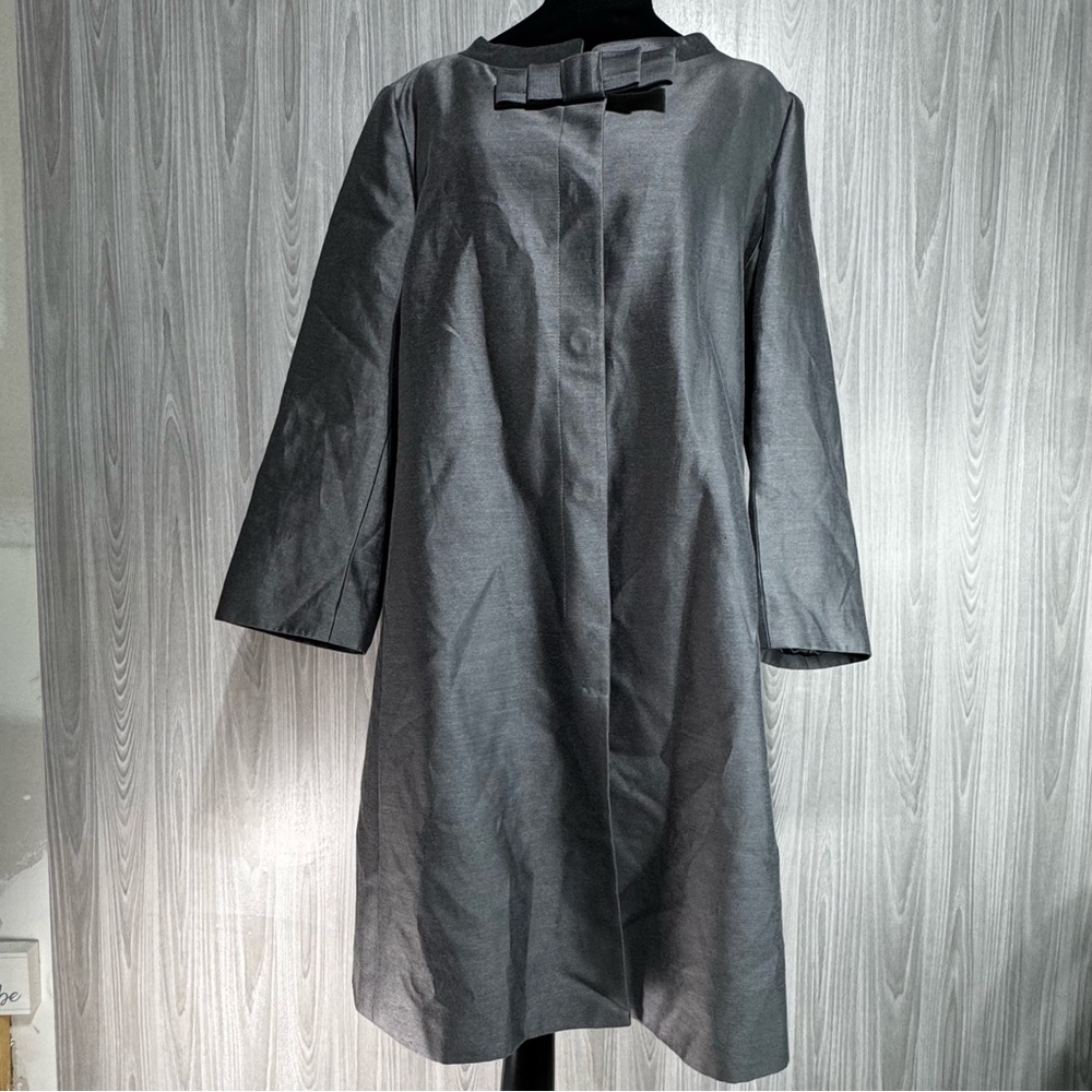 Banana Republic Silk Blend Silvery Gray Trench Dress Coat Button Bow 3/4 Slve XL